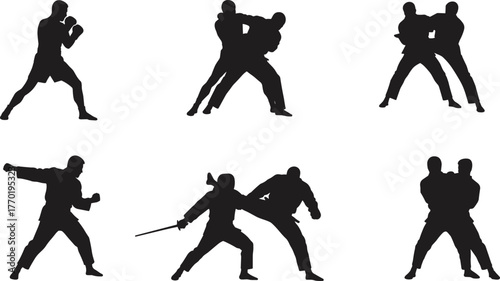 Martial arts silhouettes, combat training poses, self-defense moves, boxing, judo, karate, fighting techniques, mixed martial arts vector illustration
