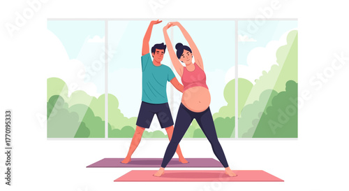 Pregnant woman enjoying prenatal yoga with partner for healthy lifestyle, embracing wellness with gentle exercise and loving support during pregnancy journey
