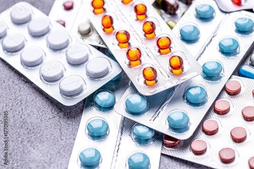 Variety of medicines and drugs.Medicine and healthcare concept.Variety of medicines and drugs.Medicine and healthcare concept.Pill for the prescription and treatment various diseases chemistry