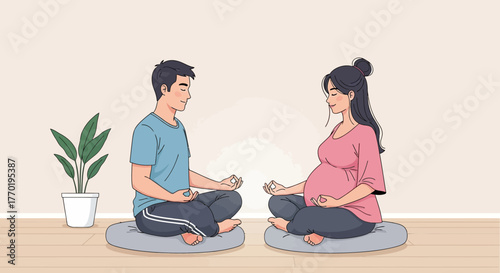 Expecting couple finding inner peace together through mindful meditation, embracing parenthood, and building a strong family bond in a serene space