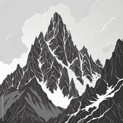 Dramatic towering grayscale mountain range with jagged snow capped peaks under a cloudy sky  illustration