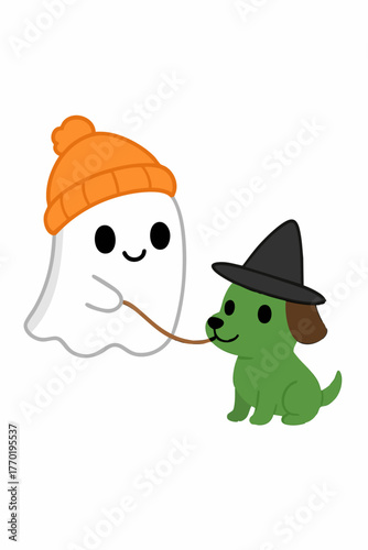 Ghost Walking Green Dog on Halloween Night