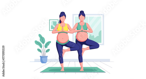 Two radiant pregnant women find balance and serenity together through yoga, promoting wellness and positive energy for a healthy pregnancy journey