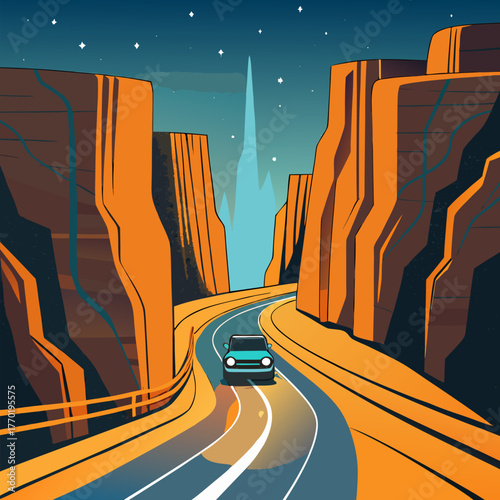 a solitary car makes its way through a canyon road