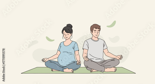 Pregnant woman and partner practicing yoga together for wellness, relaxation, and healthy lifestyle during pregnancy, ideal for family and health content