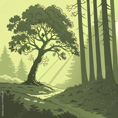 a radiant tree glowing in a peaceful forest