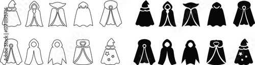 Fantasy cape icon set , vectors of magical headwear, wizard hats fairy tale crowns silhouette with stylized cape aesthetic sorcerer helmets enchanted accessories and mythical costume elements for game