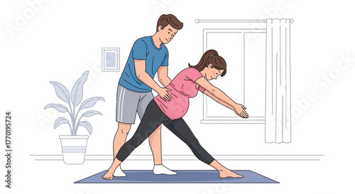 Supportive partner helps pregnant woman with prenatal yoga at home, promoting wellness, flexibility, and relaxation during pregnancy journey