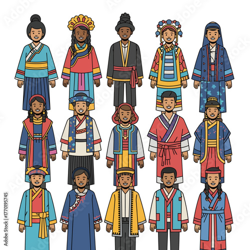 Illustration of diverse people wearing traditional cultural attire from various regions.
