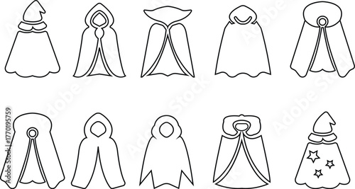 Fantasy cape icon set , vectors of magical headwear, wizard hats fairy tale crowns silhouette with stylized cape aesthetic sorcerer helmets enchanted accessories and mythical costume elements for game