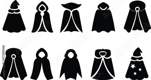 Fantasy cape icon set , vectors of magical headwear, wizard hats fairy tale crowns silhouette with stylized cape aesthetic sorcerer helmets enchanted accessories and mythical costume elements for game