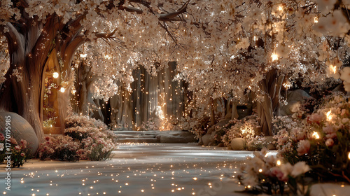Enchanting spring landscape with blossoming trees and magical light for a serene fantasy experience
