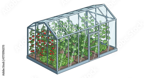 Vibrant greenhouse brimming with healthy, home-grown vegetables and fruit