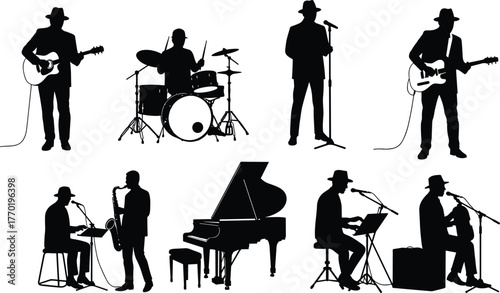 Musician silhouettes, band performance, guitar player, drummer silhouette, singer microphone, saxophone player, pianist silhouette, keyboard player, acoustic guitar, live music
