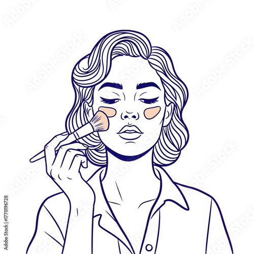 Line art illustration of a woman in a calm self-care ritual applying concealer with a makeup brush