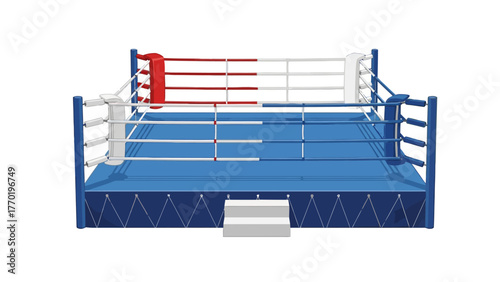 A boxing ring with blue padding and red and white ropes