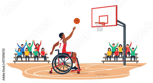 Wheelchair Basketball Player Shooting, Crowd Watching, Sports Illustration