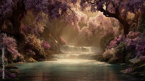 Springtime fantasy landscape with soft waterfalls and blooming pink trees near a tranquil river