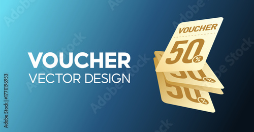 Golden 50 Percent Voucher Vector Design on Blue Gradient Background