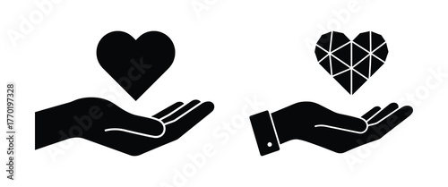 Symbolic Black Vector Graphics of Hands Holding Different Heart Shapes Representing Charity, Empathy, and Human Connection Concepts