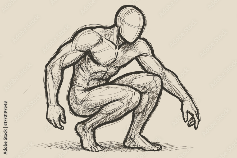 Fototapeta premium Strokes figure sketch anatomy draft illustration vector balance bold crouched muscles