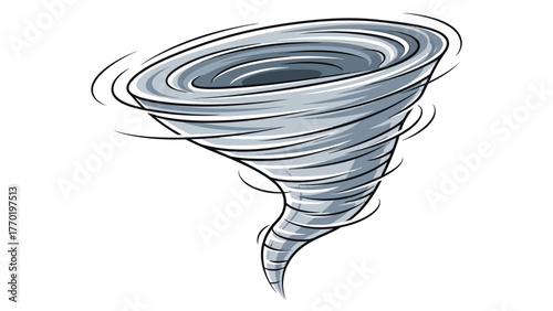 A cartoon illustration of a grey tornado with swirling black lines