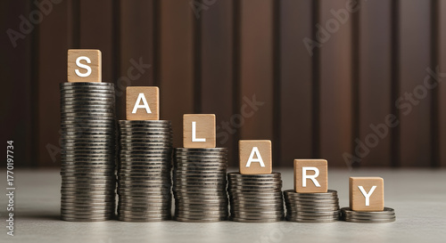 Fototapeta Naklejka Na Ścianę i Meble -  Concept of salary increase and career growth with the word 'SALARY' on blocks atop rising coin stacks.
