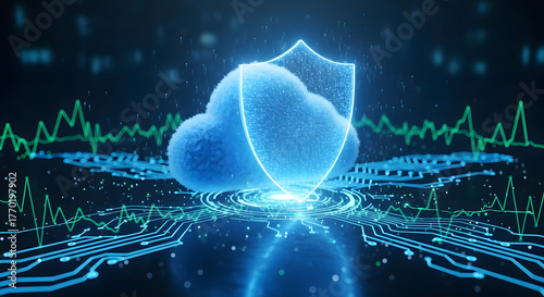 Secure cloud computing technology with a data protection shield on a futuristic digital circuit board background