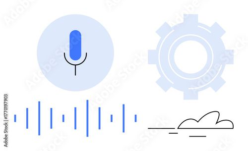 Microphone, sound waves, gear, and cloud illustration representing voice recognition, sound processing, tech innovation. Ideal for AI, automation, cloud computing productivity connectivity