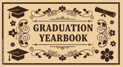Graduation yearbook design template with floral and cap elements