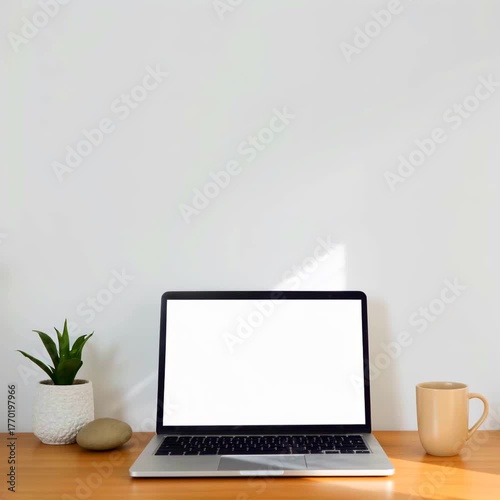 Minimalist workspace with laptop, plant, and coffee cup on desk  
