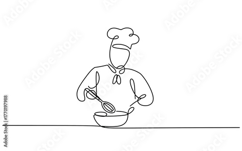 chef with a spoon simple Continuous one line drawing . Transparent background png file