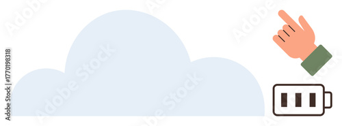Cloud represents digital storage. Hand gestures signify interaction. Battery symbolizes energy. Ideal for technology, cloud service, user interface, energy efficiency, navigation, eco-friendliness