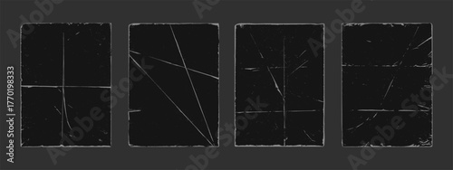 Old retro style paper fold texture black grunge punk overlay vector illustration set. Vintage dark cover dirty scratched folded paper sheet collection grain noise rough effect distress corner template