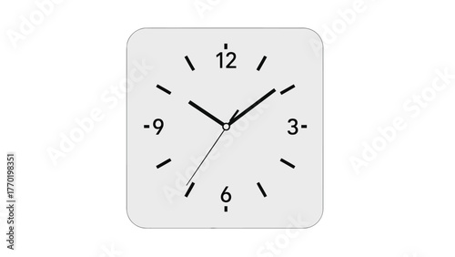 A closeup of a square clock face with black numbers and hands