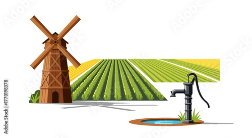 Traditional rural landscape featuring a classic wooden windmill alongside vibrant green agricultural fields and an antique hand water pump for essential irrigation