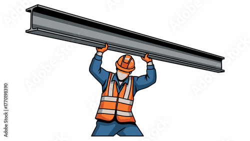 A construction worker lifts a metal beam overhead