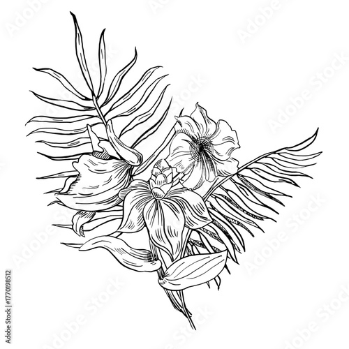 A bouquet of palm leaves and tropical flowers. Vector illustration in a realistic plant style for interior design, wallpaper, posters, apparel, and packaging.