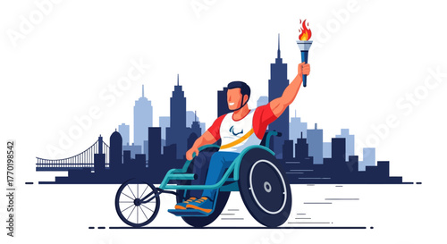 Paralympic Athlete in Wheelchair Holding Torch in City Skyline