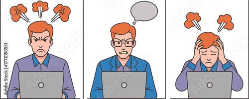 Man experiences escalating frustration and stress while working on a laptop.