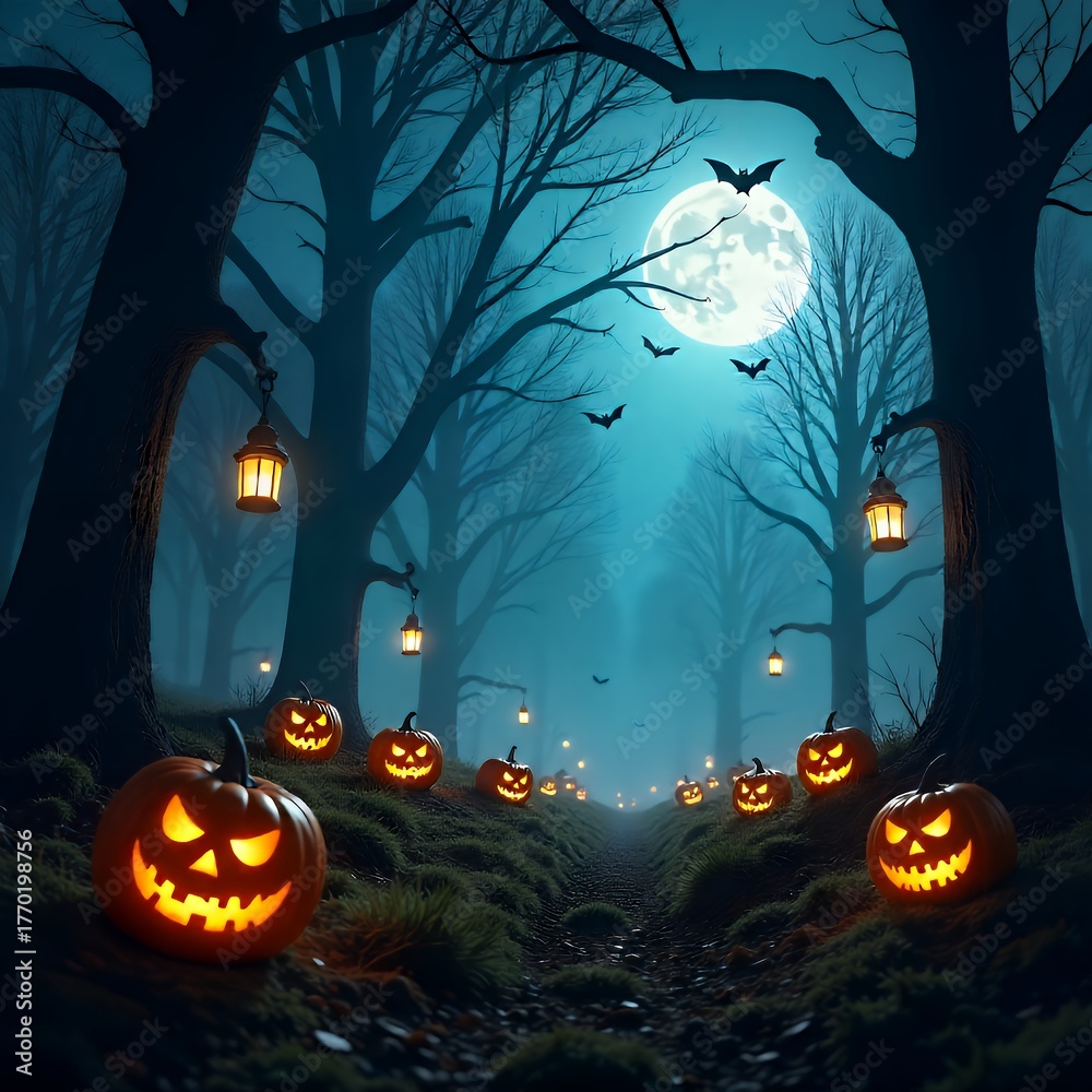 Fototapeta premium A Spooky Halloween Night with Jack-o-Lanterns