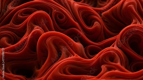Abstract Red Organic Waves Flowing Smoothly with Dynamic Textures in Closeup