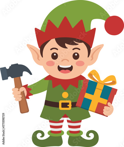 Cheerful Christmas elf vector character holding a hammer and a wrapped gift ready for holiday season
