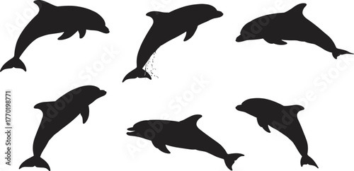 Silhouette dolphins swimming, marine animals vector, ocean wildlife illustration, aquatic mammals design, sea life clipart, underwater nature graphic art