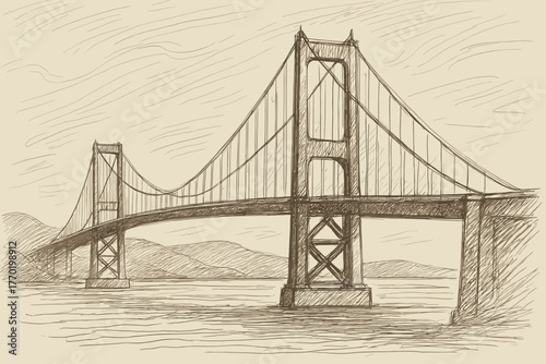 Contour sweeping shadows cables vector bridge illustration suspension quick sketch hatching