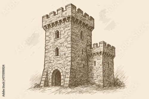 Irregular loose tower vector indicated old lines castle illustration sketch rough