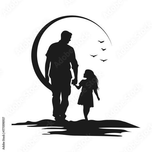 Family moment father and daughter walking vector illustration silhouette style heartwarming scene
