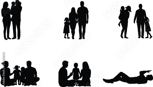 Silhouette of happy family with children, parents spending time together, playing, sitting, and bonding in love and family relationship concept