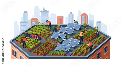 Cultivating a Sustainable Urban Future People Tending a Vibrant Rooftop Garden with Integrated Solar Panels in a Modern City Setting