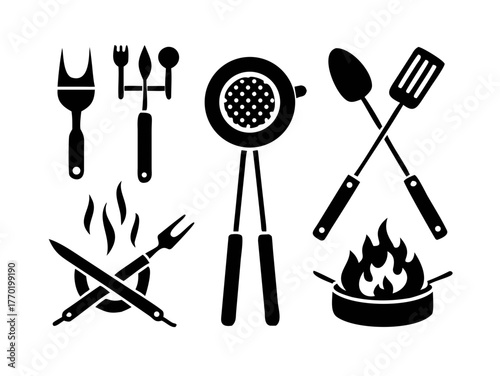 BBQ grill icon set. Barbecue, bar-b-q, spatula, grill fork, picnic, fire - stock vector.

